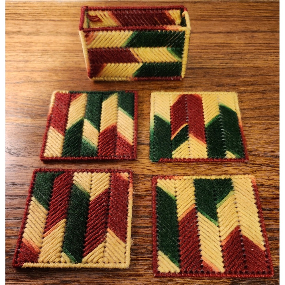 Vintage Handmade Plastic Canvas Coaster Set 4 Piece Chevron Green Red Yellow